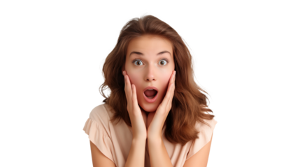 Surprised beautiful young woman isolated on transparent background