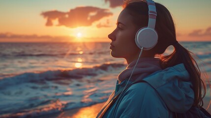 athletic woman in outdoor setting, taking a pause from exercising, gazing at sunrise over the sea with wireless headphones, combining fitness and relaxation