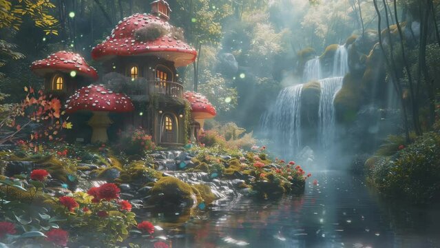 view of mushroom house magic with waterfall and nature, 4k time lapse, animation video
