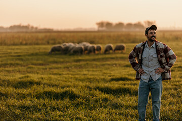 Farmer admires the golden hues of the setting sun over his pastoral field, with sheep dotting the...