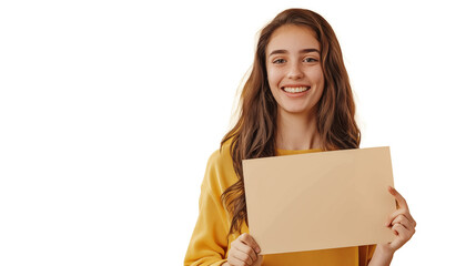 Young woman holding a blank sign with space for copy, isolated on transparent background