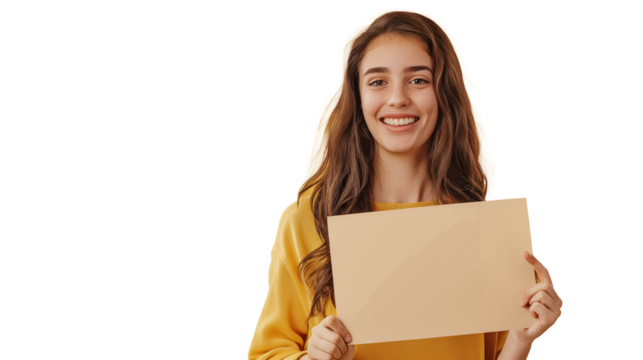 Young woman holding a blank sign with space for copy, isolated on transparent background