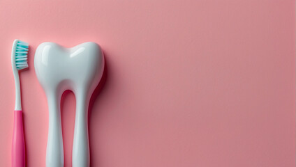 A toothbrush and a large tooth on a pink background

