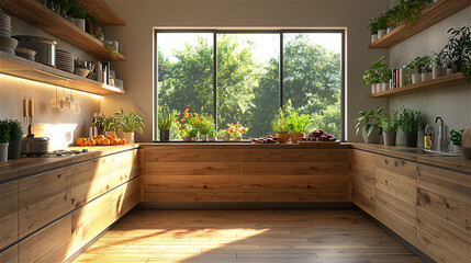 Kitchen with large windows, garden in the background. - 766841825