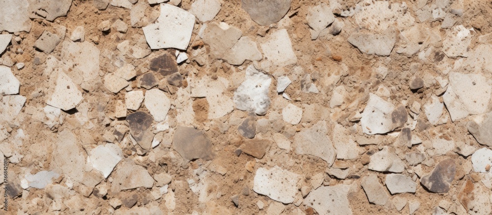 Poster an up-close view of a textured wall filled with various rocks and gravel, creating a rugged and natu