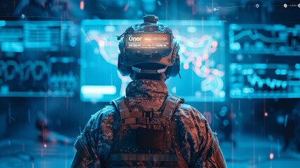 Modern War : Soldier with tactical military HUD and battlefield scenarios - obrazy, fototapety, plakaty