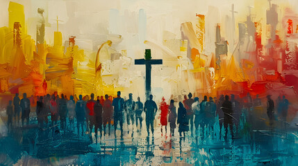 A modern painting depicting a crowd of people around a Christian cross, representing faith and unity. - obrazy, fototapety, plakaty