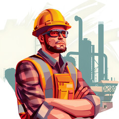 Worker in the industrial area. Engineer in front of oil refinery.