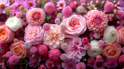Beautiful bouquet of flowers in pink, red and white colors