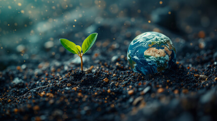 Planet earth and sprout growing from the ground. Earth Day concept.