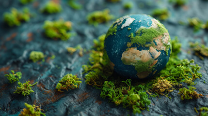 Obraz na płótnie Canvas Globe and moss on dark background. Earth Day concept. Save the planet.