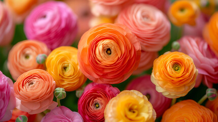 Fototapeta premium Beautiful ranunculus flowers as background, closeup. Floral design