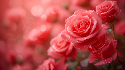Beautiful pink rose with water drops on blurred background, valentines day concept