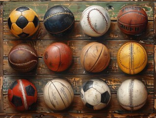 On wooden canvas, a gathering of sports balls lies, a silent ode to games, leaving room for words unspoken