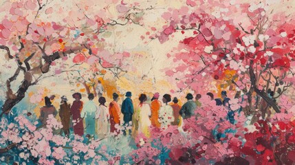 Joyful faces amidst spring's embrace, people revel under a canopy of blossoms, savoring the beauty of a splendid day