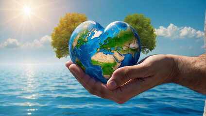 A hand holding a heart-shaped Earth 