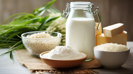 cottage cheese and milk, milk products. tasty healthy dairy products - obrazy, fototapety, plakaty