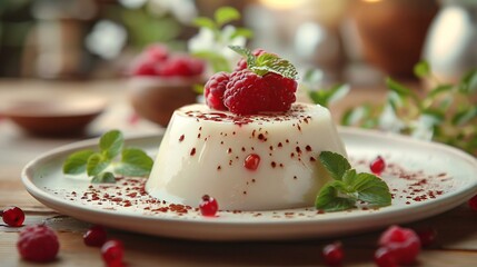 Obraz na płótnie Canvas A white dessert with raspberries and mint on top