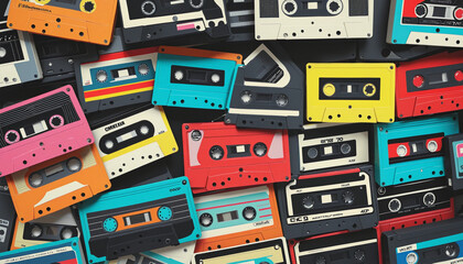 Vintage music cassettes   3d render. Retro dj sound tape, 1980s rave party stereo mix, old school record technology.   old 90s coloured plastic cassettes set. Retro musiccasette with retro c - obrazy, fototapety, plakaty