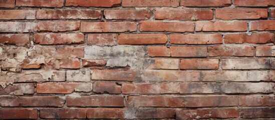 Close-up view of a weathered brick wall showing a small patch of cement, adding contrast to the texture