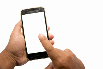 Hand holding and touching smart phone with white screen mock up PNG. white smartphone display mockup in hand isolated on white