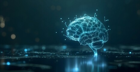 Blue digital brain with glowing connections on dark background, AI concept, neural network, or artificial intelligence technology illustration. - obrazy, fototapety, plakaty