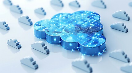 Futuristic cloud computing concept illustration with a blue abstract background, showcasing global networking, digital communication, and cyber security
