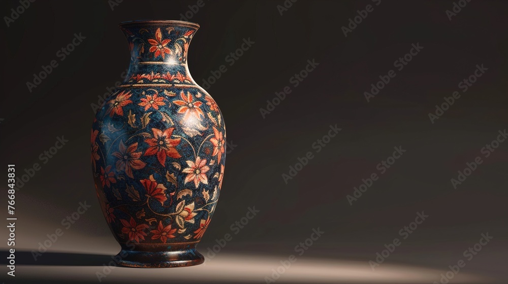 Poster a uhd capture of a handcrafted ceramic vase adorned with intricate floral patterns, standing elegant