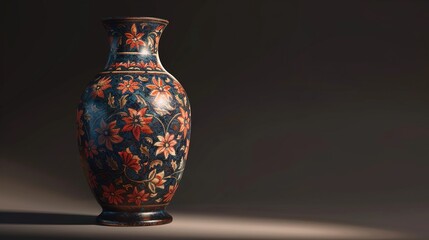 A UHD capture of a handcrafted ceramic vase adorned with intricate floral patterns, standing elegantly on a solid background, casting shadows that add depth to its beauty.