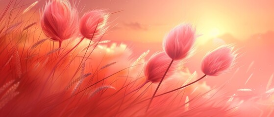 Obraz na płótnie Canvas Pink flowers in field under golden sun and blue sky
