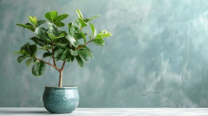A small green plant is in a blue pot on a table. The plant is the main focus of the image, and the blue pot complements its color - obrazy, fototapety, plakaty