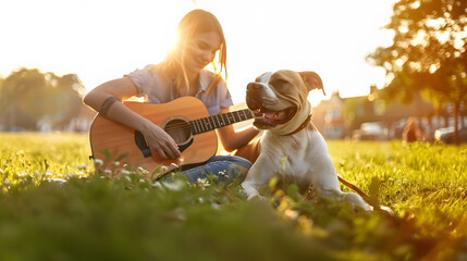 Young Woman playing an acoustic guitar and her dog enjoying a beautiful moment together on green lawn bathed in the golden sunlight - obrazy, fototapety, plakaty