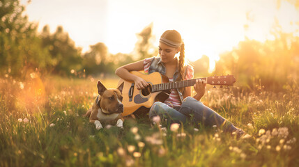 Young Woman playing an acoustic guitar and her dog enjoying a beautiful moment together on green...