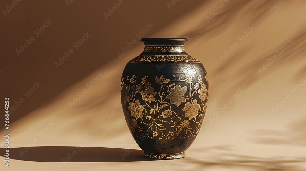 Poster a uhd capture of a handcrafted ceramic vase adorned with intricate floral patterns, standing elegant