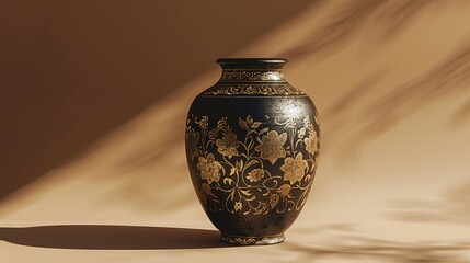 A UHD capture of a handcrafted ceramic vase adorned with intricate floral patterns, standing elegantly on a solid background, casting shadows that add depth to its beauty.