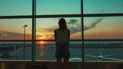 Fototapeta na wymiar Girl at the airport window looking to the ocean