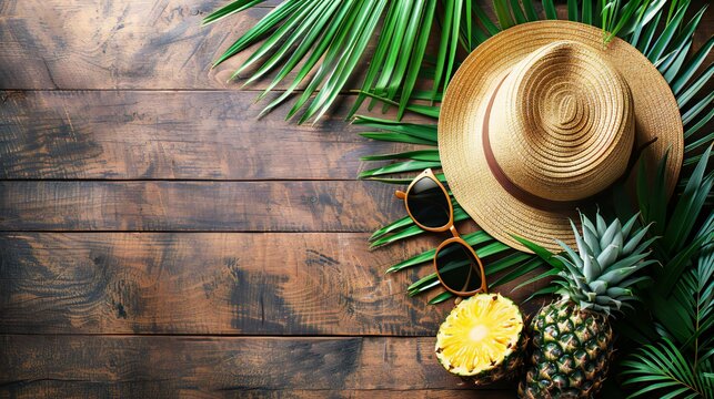 A tropical scene with a hat, sunglasses, and a pineapple on a wooden table. Scene is relaxed and sunny, perfect for a beach vacation