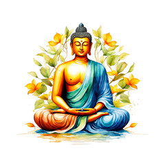 Obraz premium Gautam buddha sitting in a lotus position, bodhi tree leaves behind surrounding, watercolor illustration, clipart, vector, calm, peaceful meditation, for scrapbook, journaling, cutout on white 