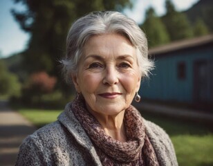 A senior woman with gray hair is smiling