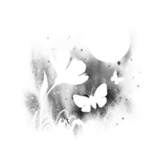 Vector silhouette of wildflower, moths and moon. Romantic watercolor abstract nature design in black and white with splash for print, poster, banner, postcard