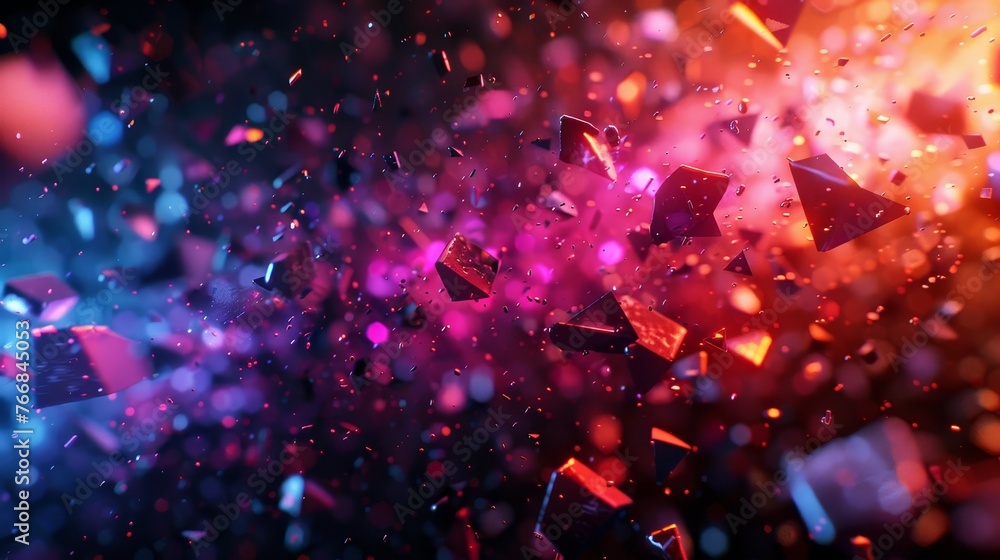 Poster a dynamic 3d abstract scene, featuring a collision of shapes and colors in mid-air. splashes of neon