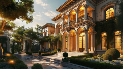 Evening Splendor: A Luxurious House Gleaming with Twilight Lights Amidst Green Canopies