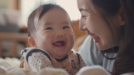 loving mother tickling her cute asian baby as they share a joyful bonding moment with the baby laughing and resting on her mother's lap