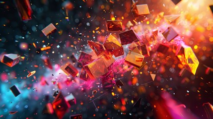 A dynamic 3D abstract scene, featuring a collision of shapes and colors in mid-air. Splashes of neon paint against a black void, with shards of geometric forms frozen in time.