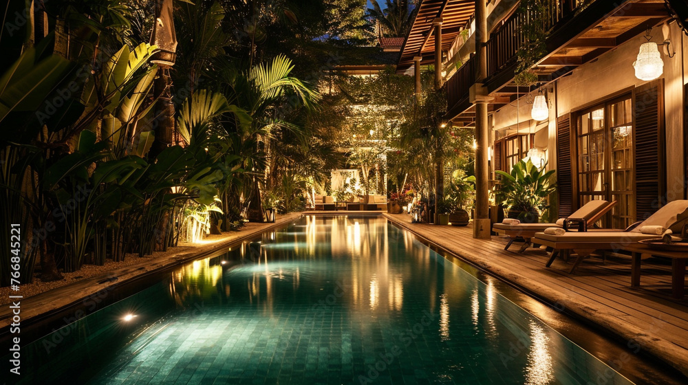 Poster housefront haven: relaxing by the pool with a view of the residence