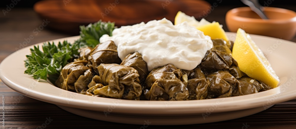 Poster a dish consisting of meat topped with sour cream and lemon slices, placed on a table with tableware.