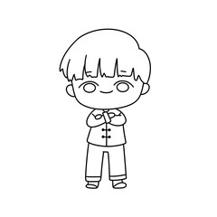 A cartoon boy is standing with his arms crossed and a smile on his face