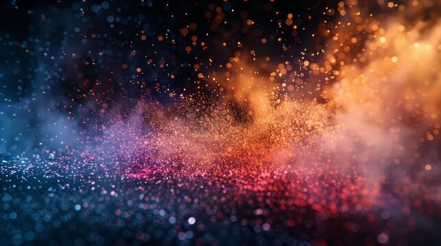 Dynamic 3D rendering of an abstract scene, with explosive particle effects from red and orange to cool blue and purple, on a deep black background