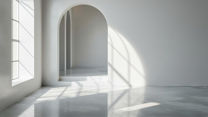 grey shadow studio showcase, shadow sunshine and sunbeam reflection on white wall and floor in empty luxury studio