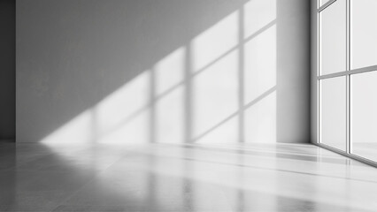 grey shadow studio showcase, shadow sunshine and sunbeam reflection on white wall and floor in empty luxury studio - obrazy, fototapety, plakaty